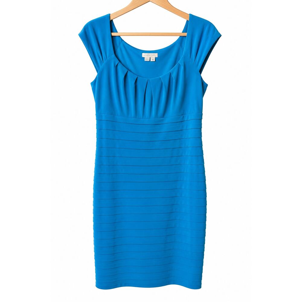 London Times Blue Pleated Sheath Dress Knee length Size 16 Cap Sleeve